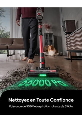 Aspirateur balai Ultenic U16 F – Aspirateur Balai sans Fil – 550W – 45Kpa – Autonomie 60 min – brosse anti-emmêlement – Écran LED – Tube flexible – Gris et Rouge